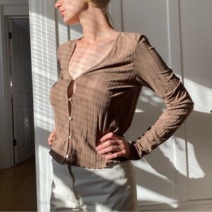 Brown Long Sleeve V-neck Top